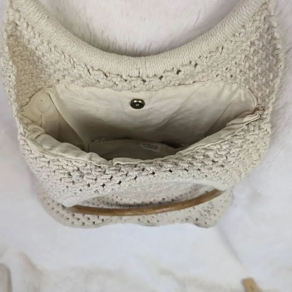 Macrame Bag Natural Crochet Woven Handbag Wood Ring Purse Boho Hand Made - Picture 8 of 9
